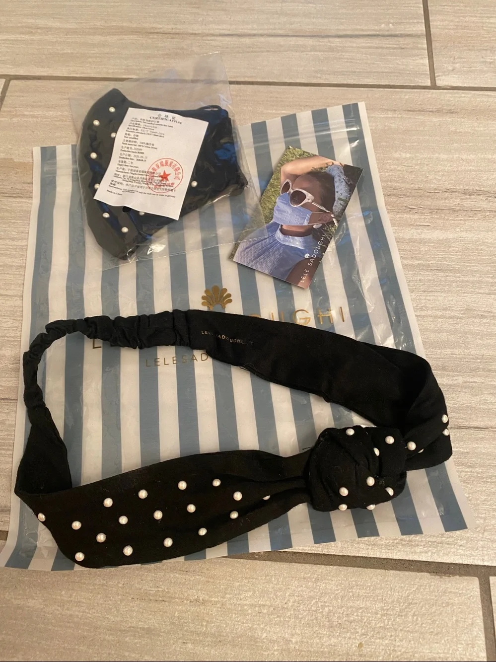 NWT Lele Sadoughi black pearl sport headband with matching mask set